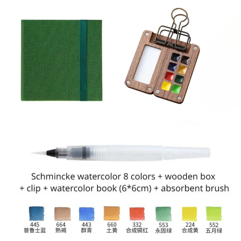 Portable Travel Watercolor Set Schmincke Watercolor 8 Colors Mini Walnut Paint Box Sketchbook Student Outing Art Supplies