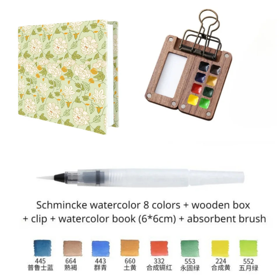 Portable Travel Watercolor Set Schmincke Watercolor 8 Colors Mini Walnut Paint Box Sketchbook Student Outing Art Supplies